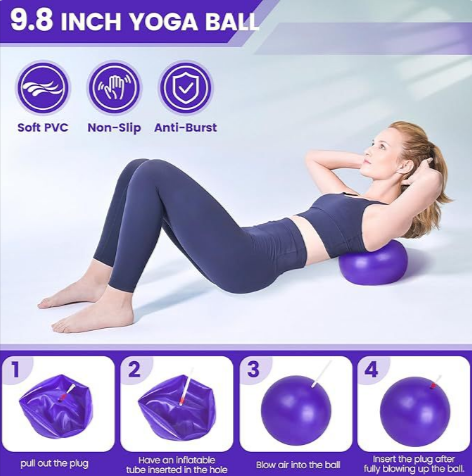 Supplier panel for the 9.8 inch yoga ball, showing a person using the ball for a core exercise and four inflation steps
